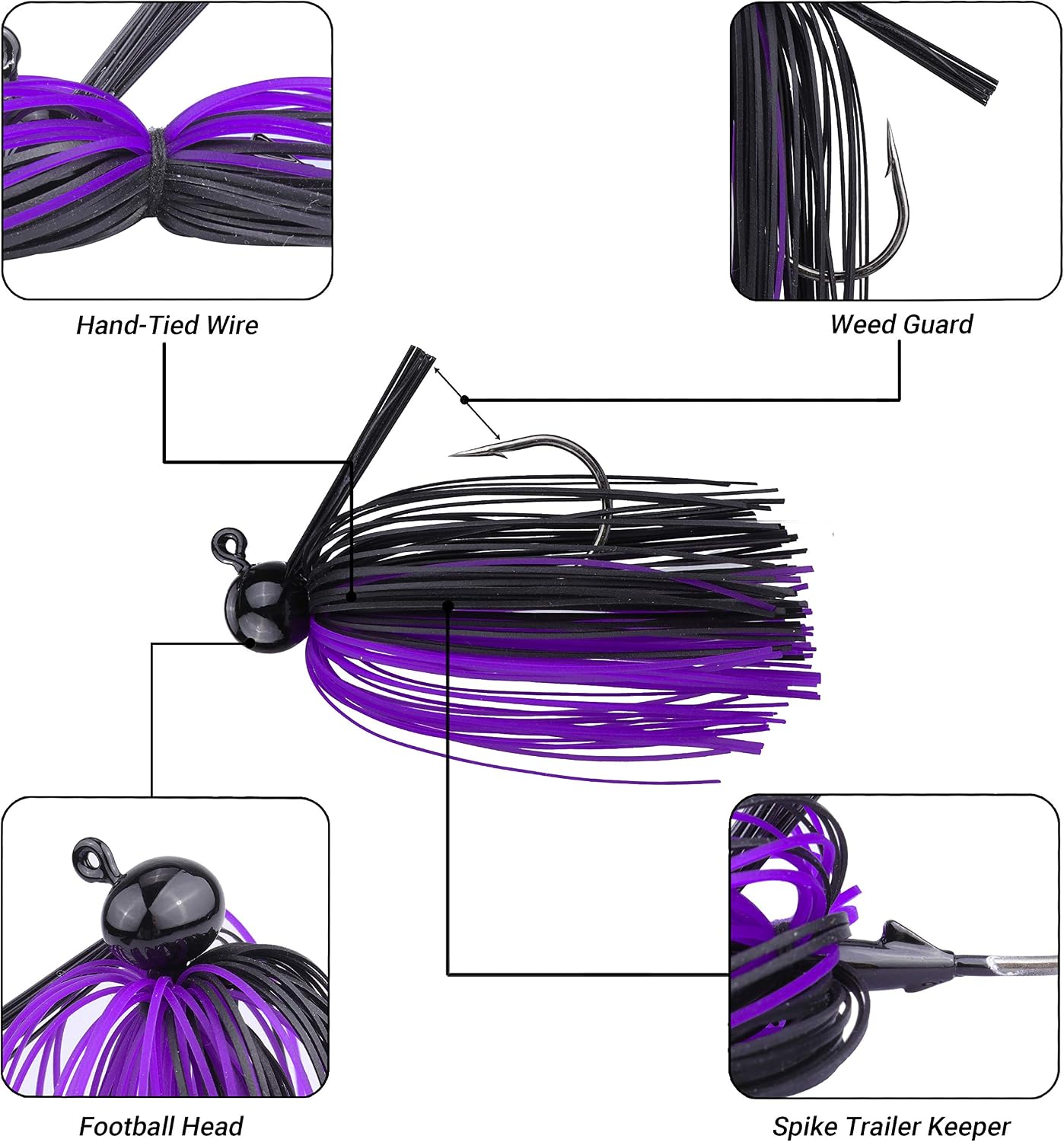 RUNCL Anchor Box - Bass Fishing Lures - Flipping, Swim, Football Jigs - Spike Trailer Keeper, Silicone Skirts, Streamlined Head, Weedguard System - Proven Colors (Pack of 4)