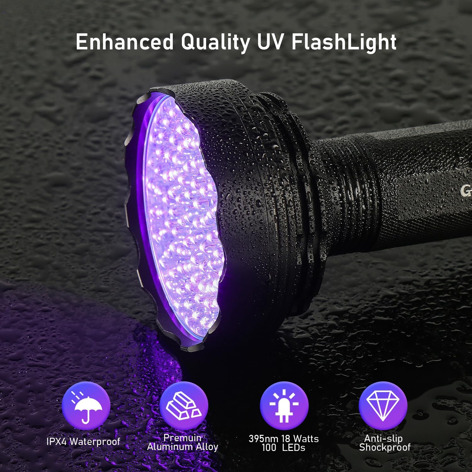 GLOSSDAY UV Flashlight Black Light, 100 LED Black Light Flashlight for Dog/Cat Pet Detector, Scorpions Finder