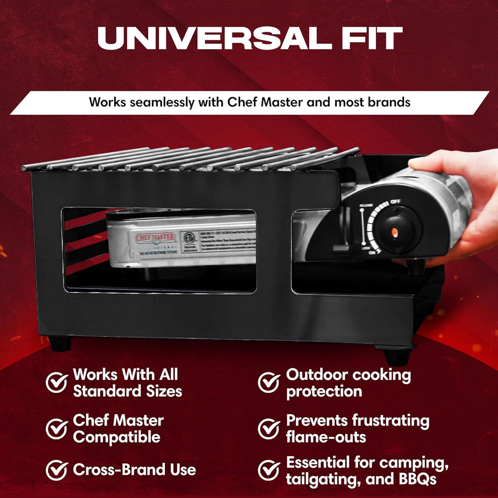 Chef Master Butane Stove Cover - Universal Fit for Any Standard Size - Premium Black Steel Collapsible Camp Wind Guard - Camping Windscreen & Grill Wind Blocker Panel - Outdoor Cooking Accessory 90278