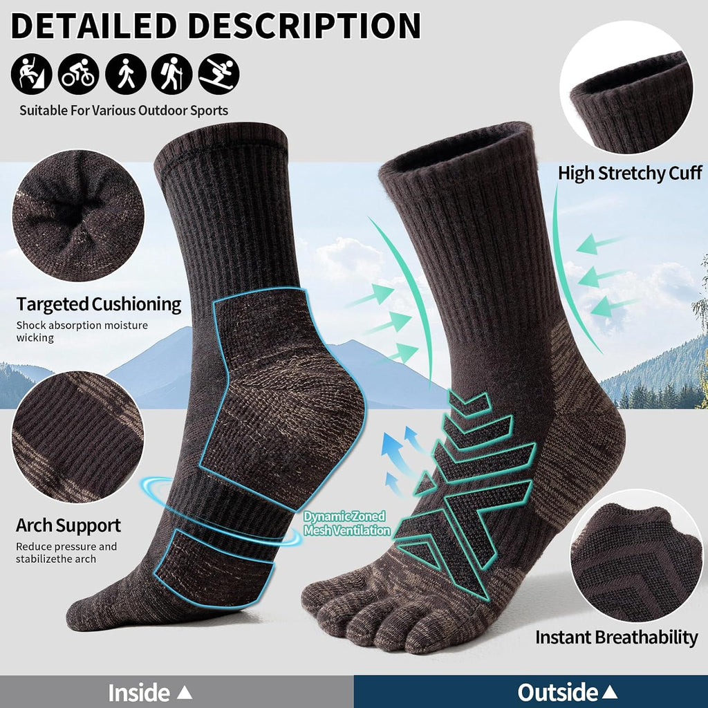 Merino Wool Hiking Toe Socks,Five Finger Socks for Men Women