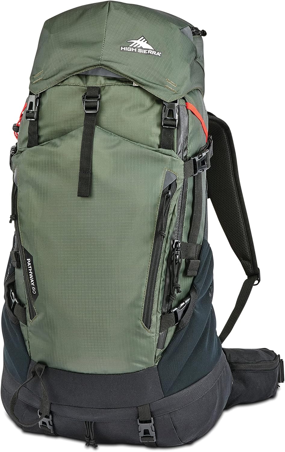 High Sierra Pathway 2.0 Backpack with Hydration Storage Sleeve, for Hiking, Biking, Camping, Traveling, Forest Green/Black, 60L