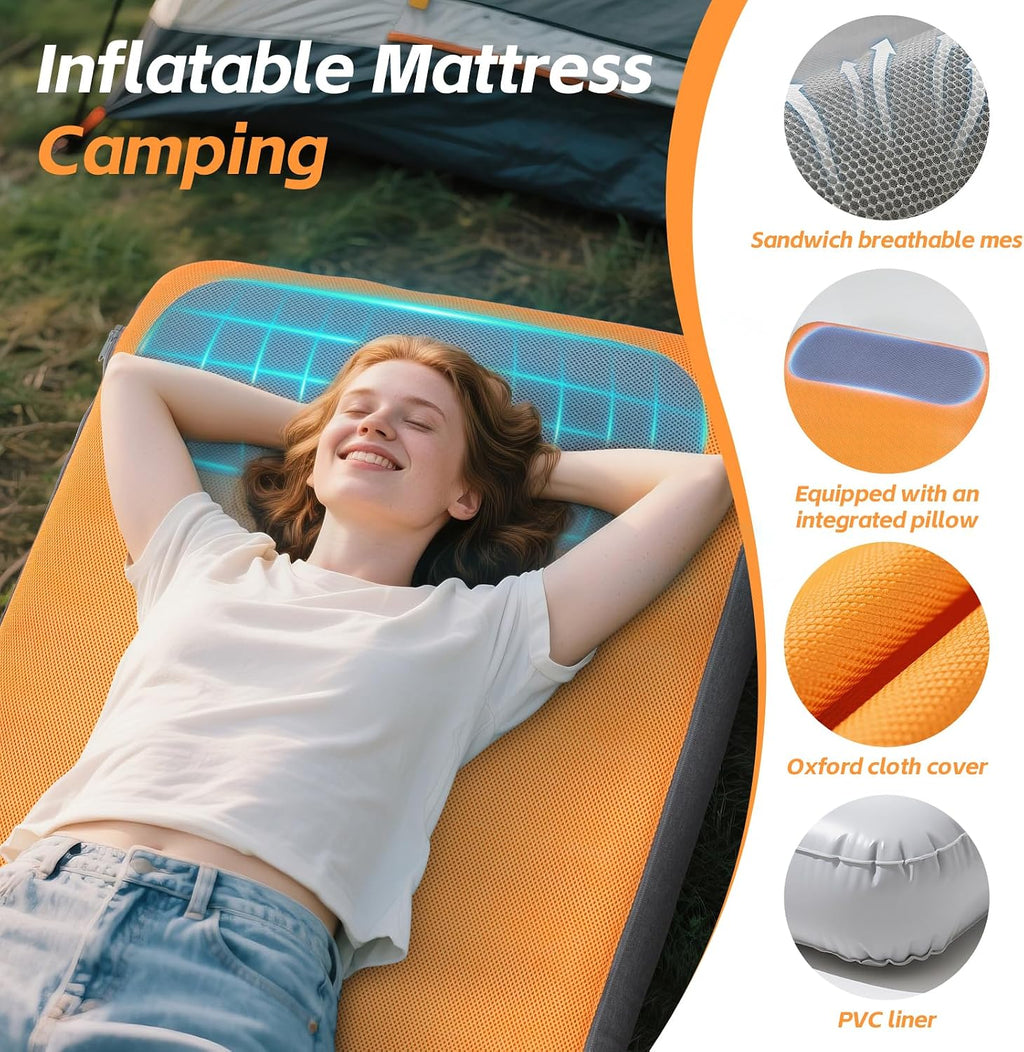 Sleeping Pad, 5.5" Thick Self Inflating Sleeping Pad with Electric Pump,4 Season Camping Mattress Pad with Built-in Pillow, Camping Essentials Gear for Hiking, Backpacking,Tent Use,Camping(Orange)