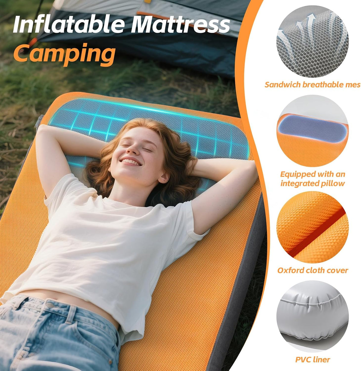 Sleeping Pad, 5.5" Thick Self Inflating Sleeping Pad with Electric Pump,4 Season Camping Mattress Pad with Built-in Pillow, Camping Essentials Gear for Hiking, Backpacking,Tent Use,Camping(Orange)