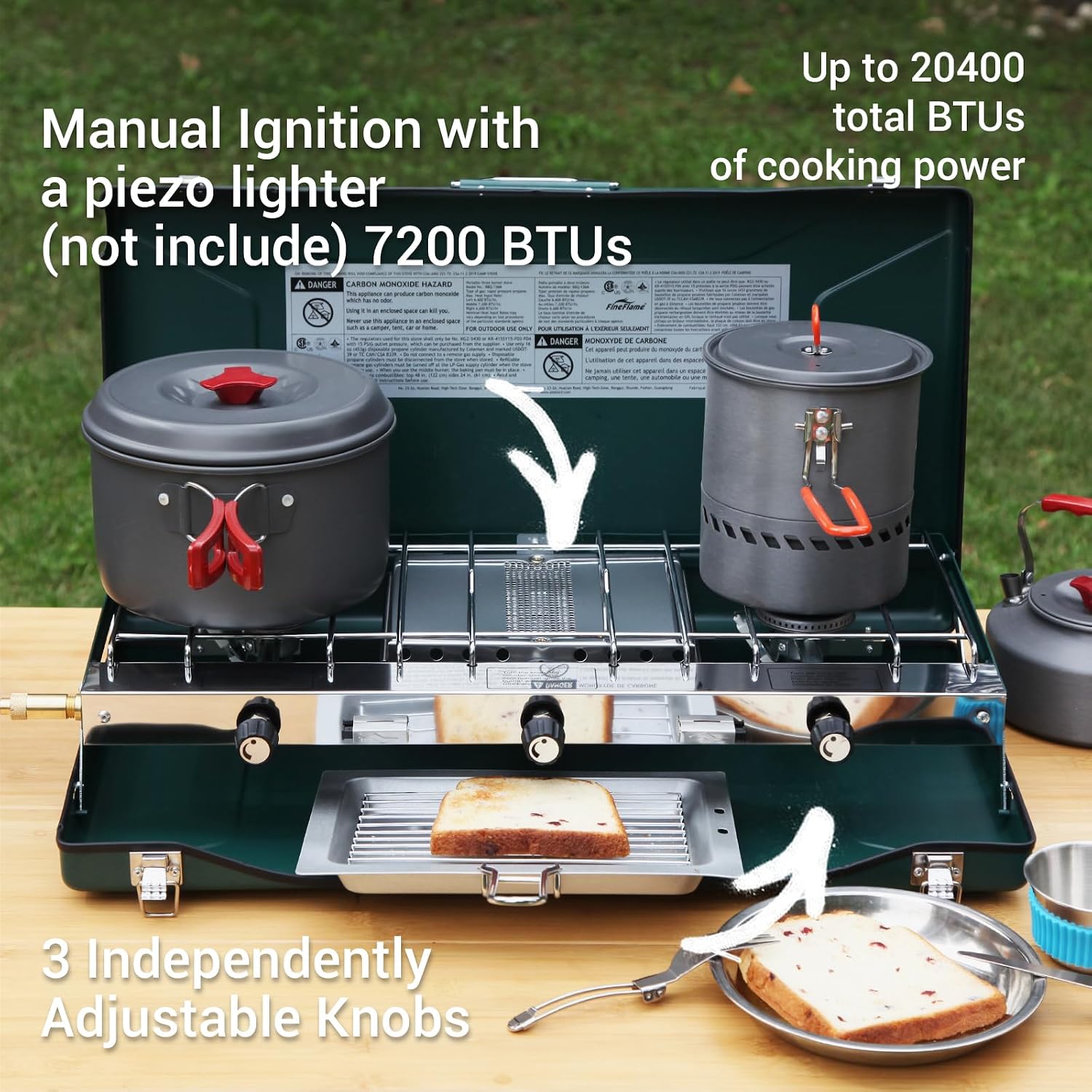 FineFlame Camping Stove, Propane Portable Camp Stove, 20400BTU-3 Burners