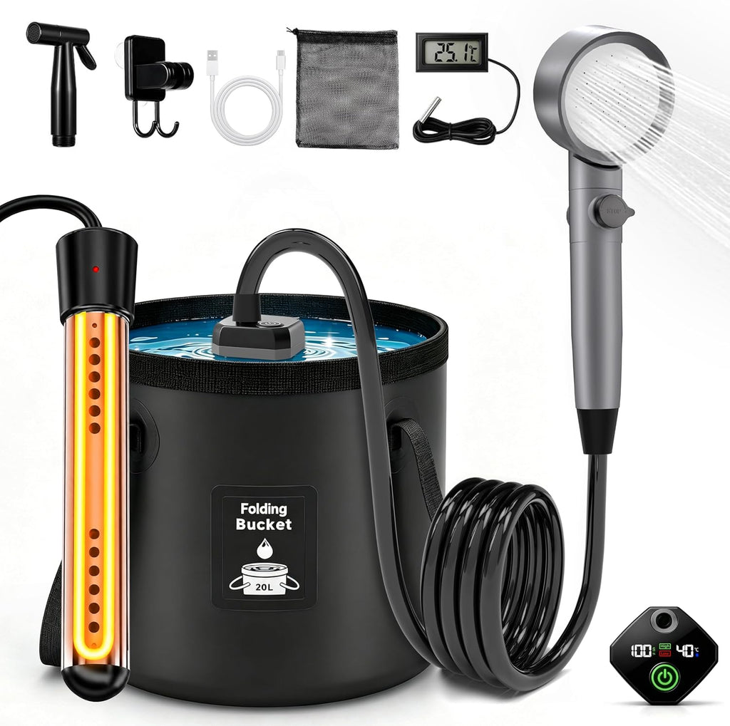 hillhub Portable Camping Shower Kit with 1500W Heater & 6000mAh Pump | Immersion Heater, Rechargeable IPX7 Pump, 5.3-Gal Bucket, 4-Mode Head, 6'7" Hose — for RV, Pet Bath, Car Wash, Beach & Hiking