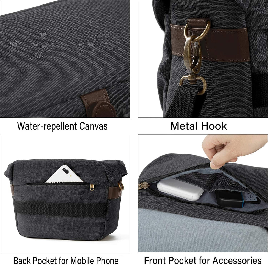 BAGSMART Canvas Crossbody Camera Bag with Rain Cover for Women Men, Black