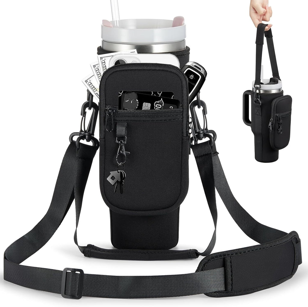 BULKITEM Water Bottle Carrier Bag with Phone Pocket for Stanley 40 & 30 oz Tumbler with Handle,Pink Insulated Neoprene Cup Holder Pouch w/Adjustable Strap for Quencher H2.0 Stanley Cup Accessories