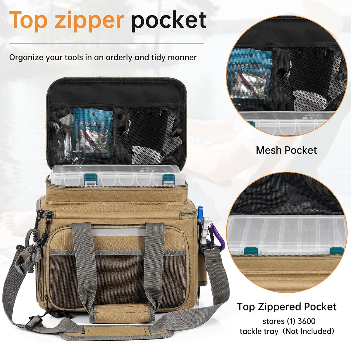 Fishing Tackle Bag - Holds 3400-3600 Size Tackle Boxes (Khaki)