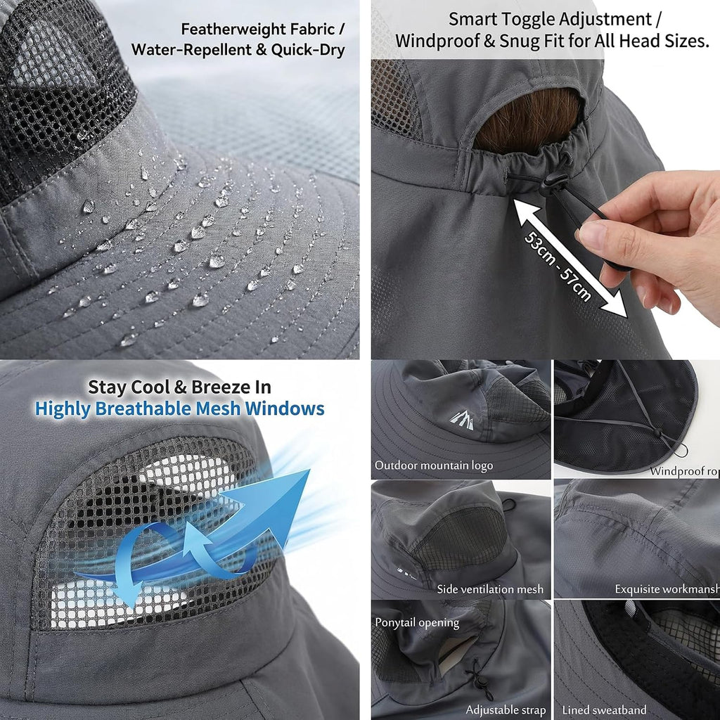UV Sun Protection Hat Women Foldable Neck Flap Wide Brim Fishing Hat with Ponytail Hole for Women