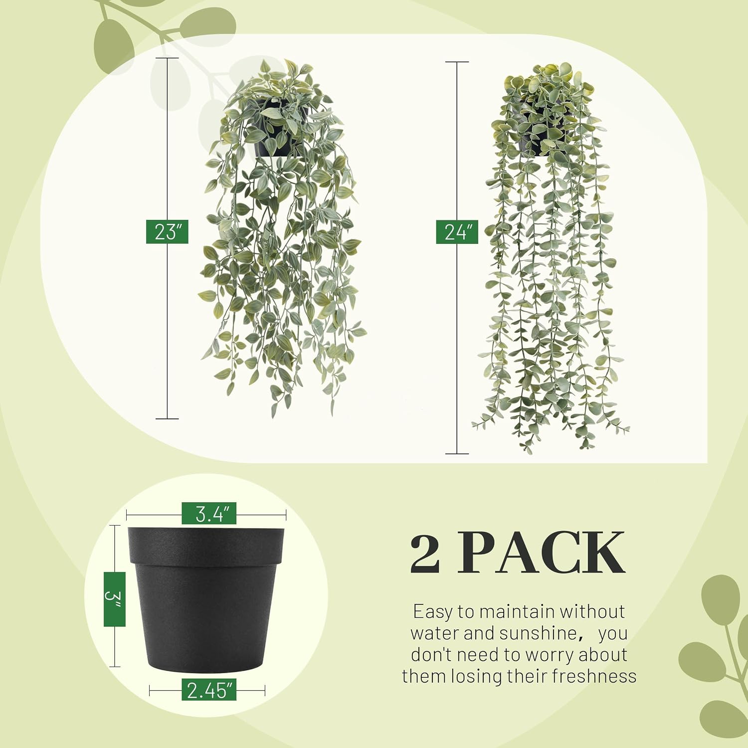 Der Rose 2Pcs Fake Hanging Plants with Black Pot for Bathroom Shelf Decor | Boho cascading eucalyptus and mandala vine creates a modern natural accent, adding depth to office, bookcase, bedroom decor