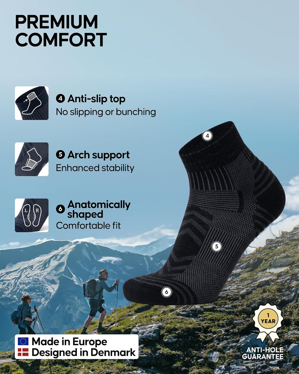 DANISH ENDURANCE Merino Wool Hiking Socks, Low-Cut, 3-Pack