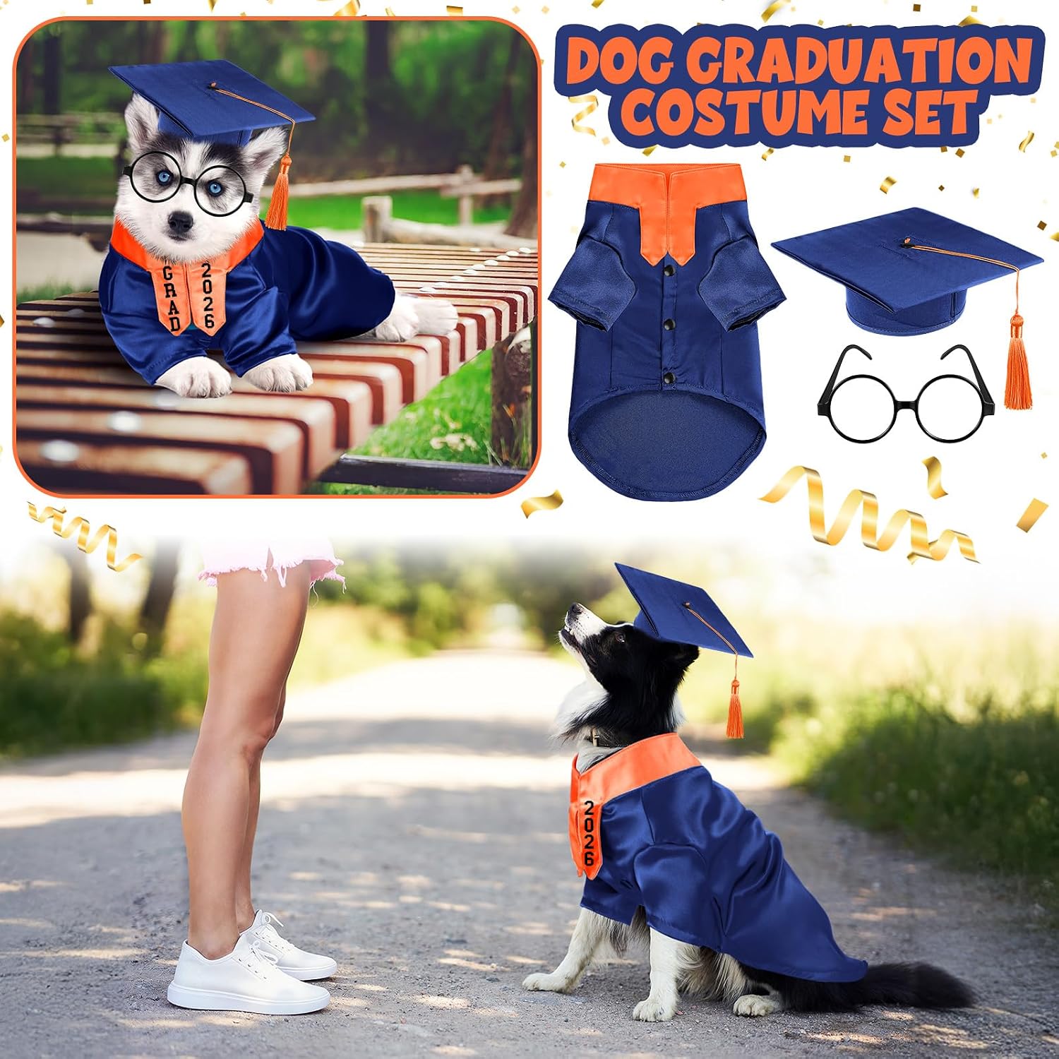 Huhumy 5 Pcs Dog Graduation Costume Set Include 2026 Pet Graduation Gown with Stole Puppy Grad Cap Lensless Glasses DIY Letter Stickers for Dogs Cats Holiday Costume Accessory(Blue Orange,S)