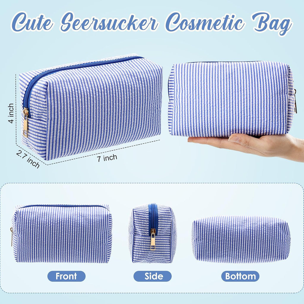Sanwuta 12 Pcs Seersucker Cosmetic Bags Bulk, Striped Zippered,Blue