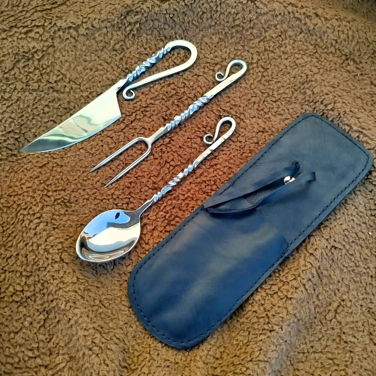 Hand Forged Medieval Cutlery Set - Viking Silverware Set With Leather Cover