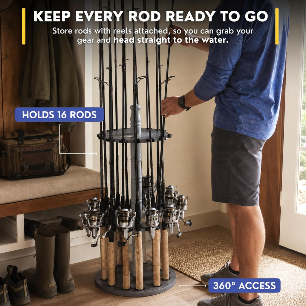 Rush Creek Creations 16-Rod Round Fishing Rod Holder for Garage, 360° Access Fishing Pole Holder for Fishing Rods, Reels, and Gear, Securely Holds 16 Rods, Barnwood