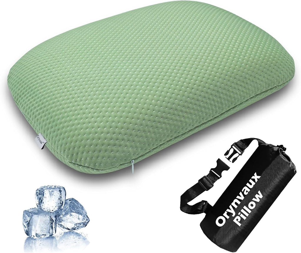 Cooling Travel Pillow, Small Memory Foam Camping Pillow with Adjustable Buckle Strap & Storage Bag, Compact Small Pillow for Airplane, Car Lumbar, Office, Washable Cooling Cover, Canopy Green