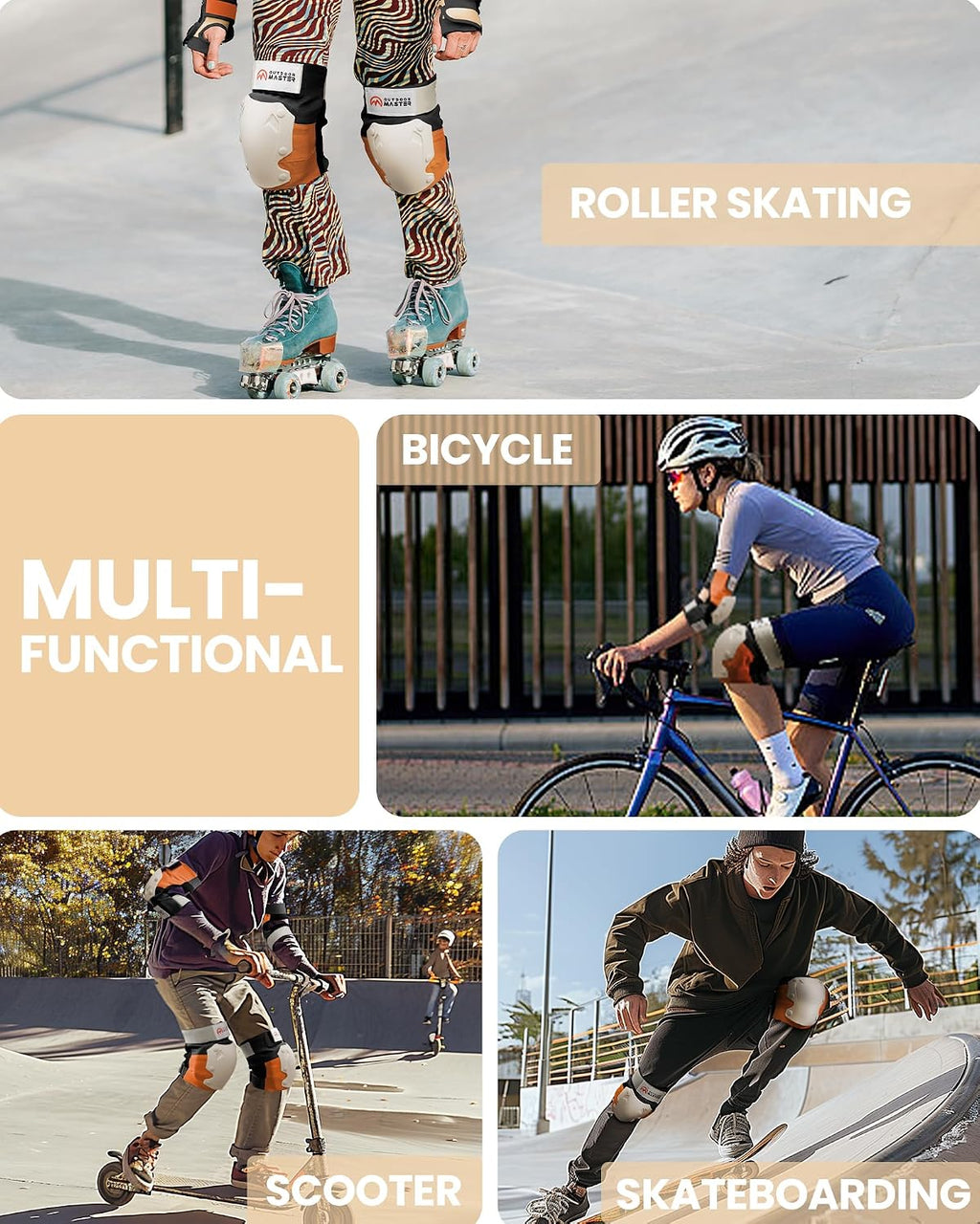 OutdoorMaster Skateboard Knee Pads Elbow Pads Wrist Guards for Adult Youth