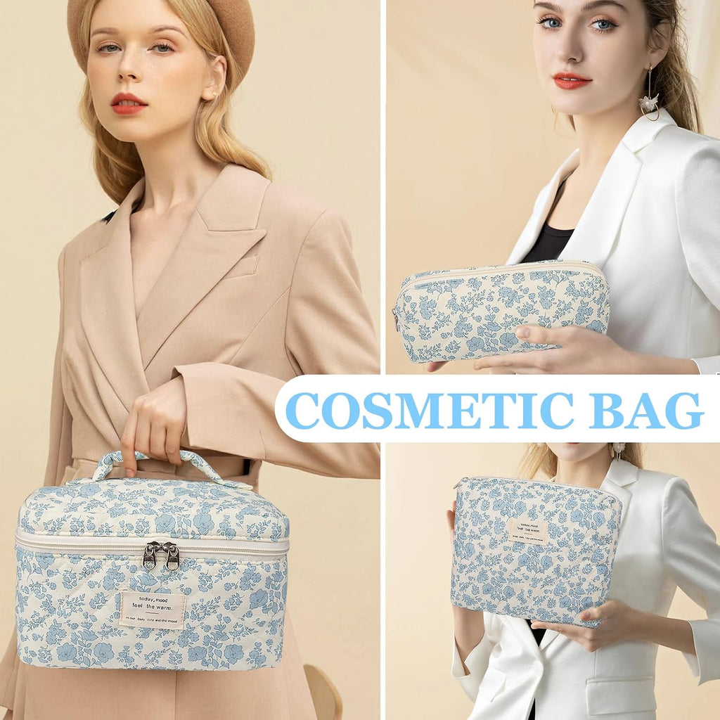 Gosect Large Makeup Bag Set, Quilted Makeup Bag, Floral Cosmetic Bag for Women, Cute Cotton Makeup Bags, Flower Travel Toiletry Organizer Bag (white)