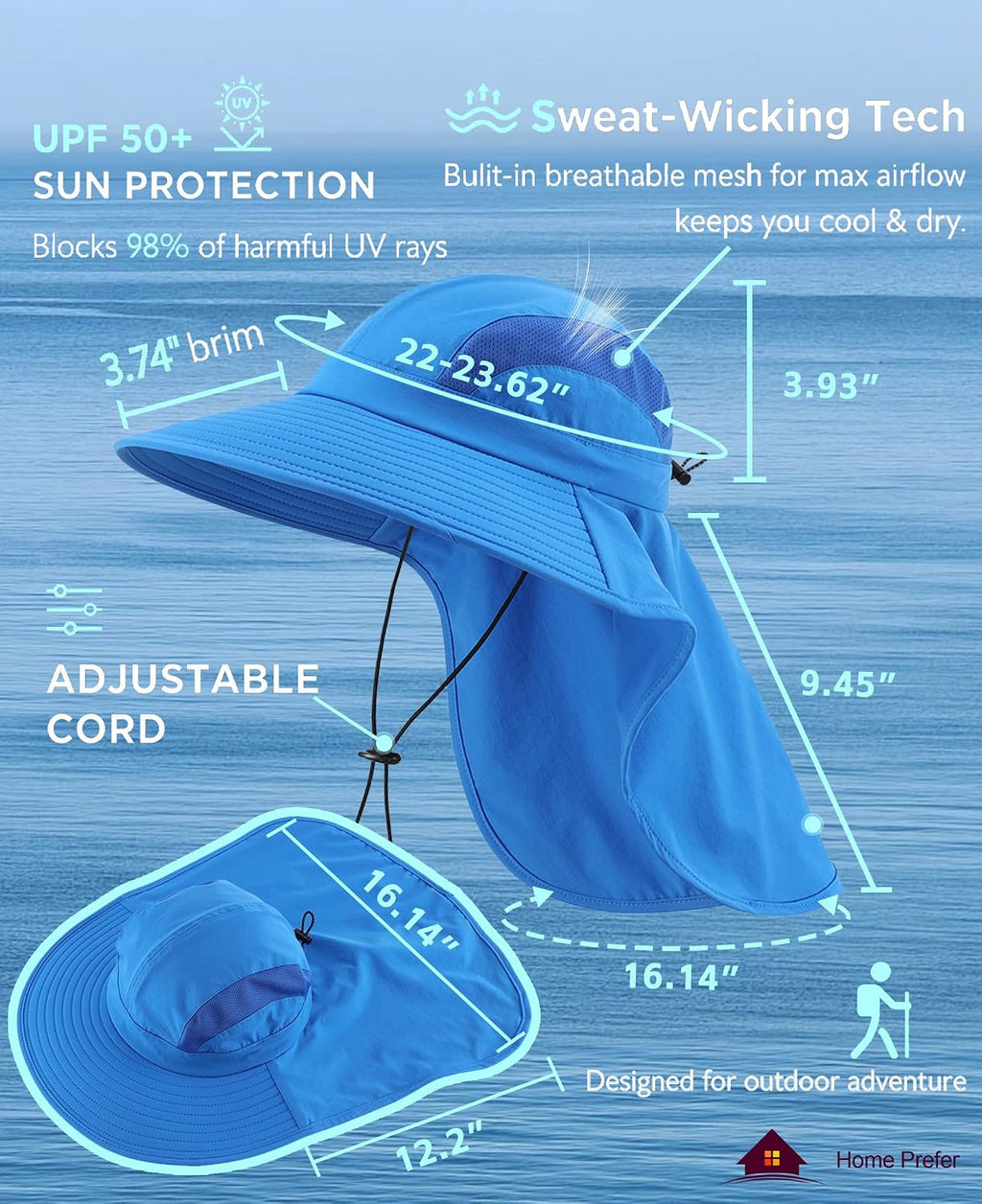 Home Prefer UPF 50+ Sun Hats for Men Women Wide Brim Fishing Hat with Neck Flap UV Protection Sunblock Safari Bucket Hat