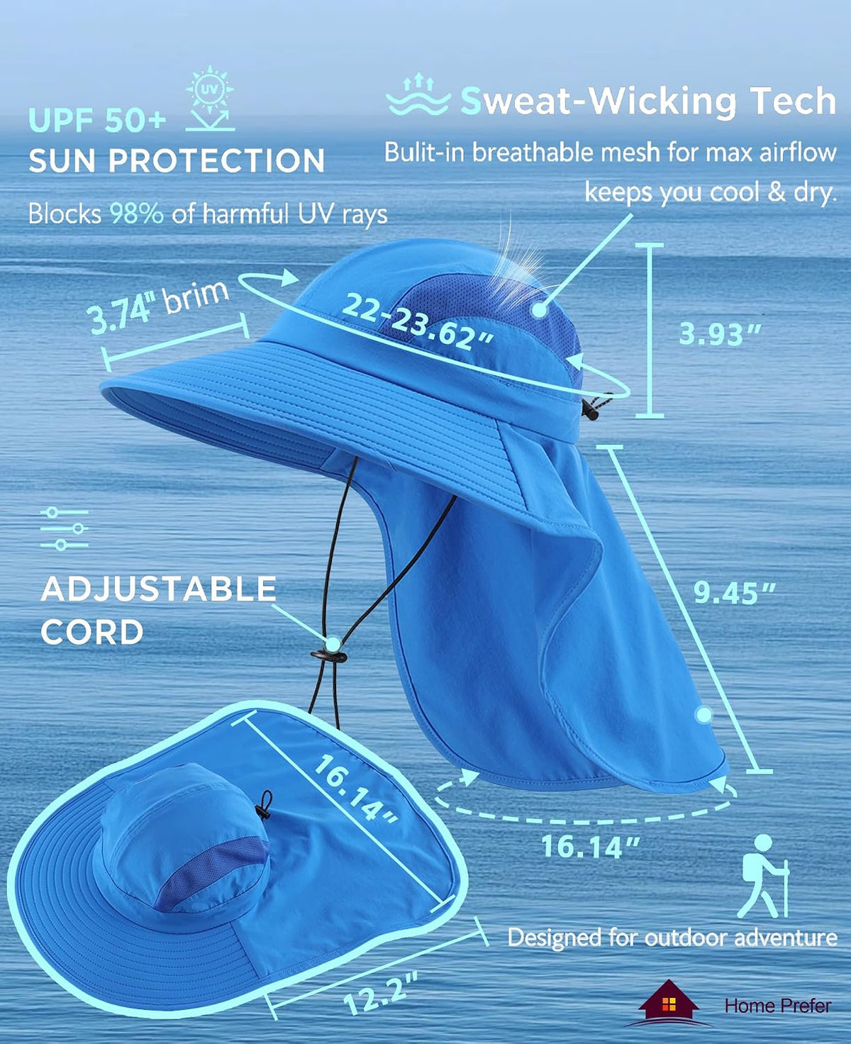 Home Prefer UPF 50+ Sun Hats for Men Women Wide Brim Fishing Hat with Neck Flap UV Protection Sunblock Safari Bucket Hat