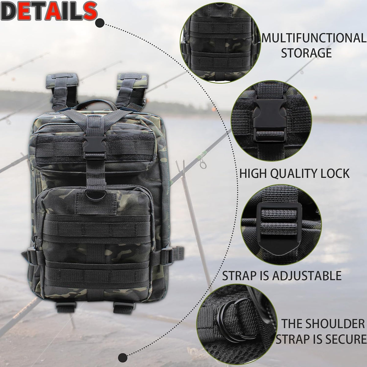 Fishing Tackle Backpack Lightweight Water-Resistant Rod Holder Bag