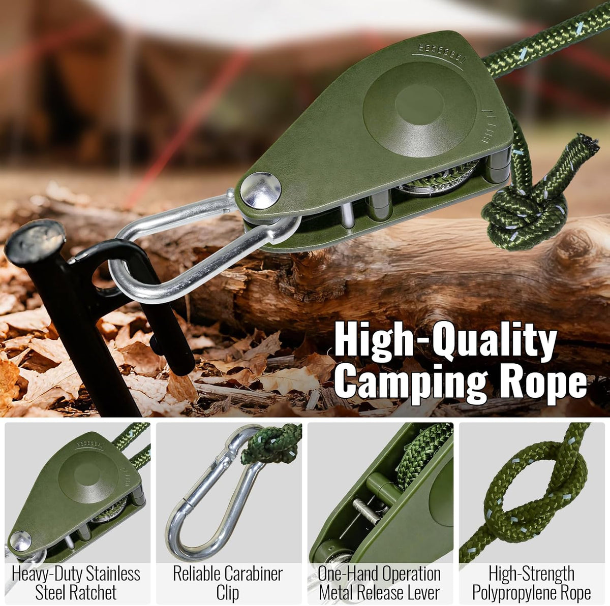 Camping Rope Reflective Tent Rope Guyline with Ratchet Pulley, Tarp Tie Down Ropes for Tent Tarp, Canopy Shelter, Camping, 16.5FT Adjustable Guy Line for Canopy Tent 4Pack Guy Lines Tents Cord