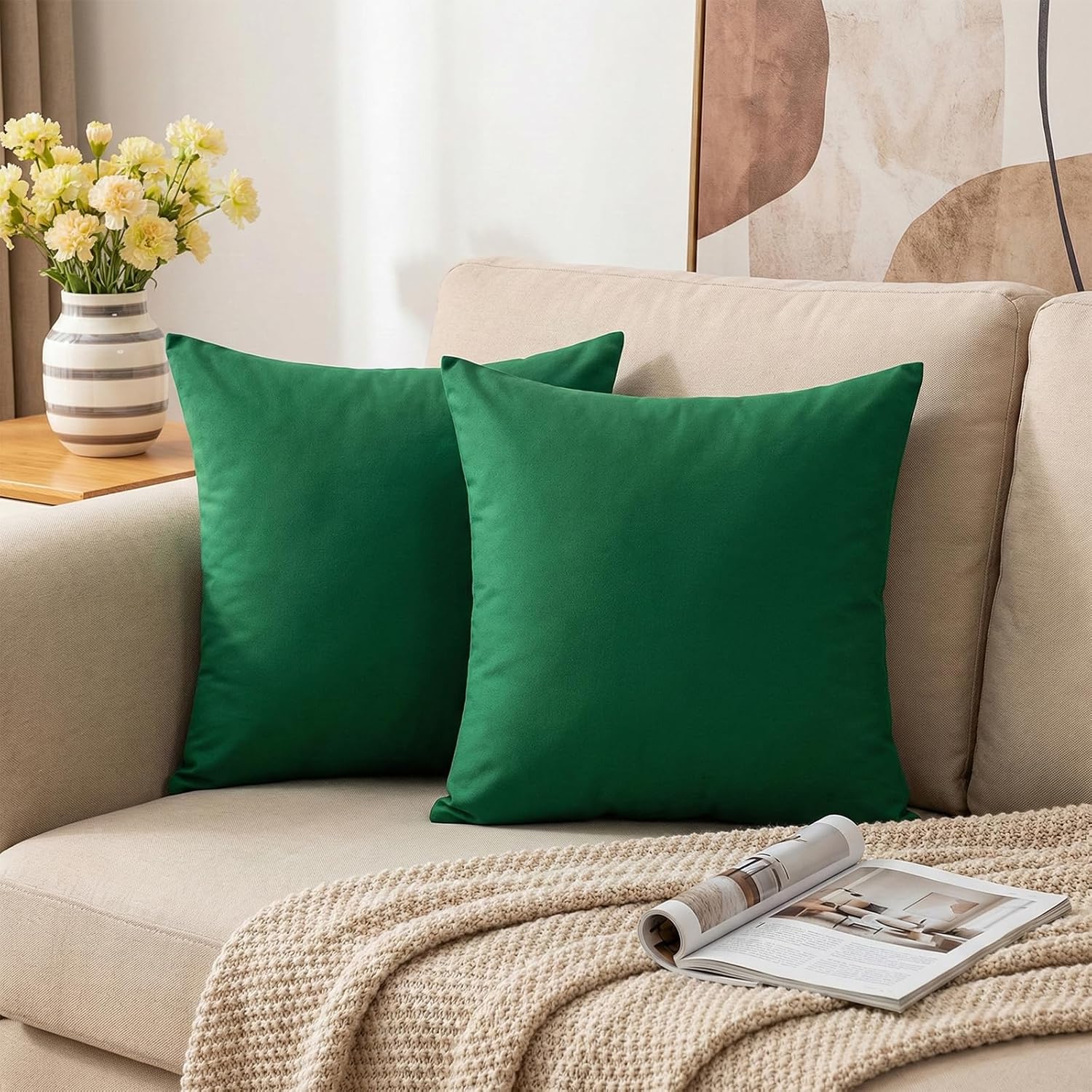 Thmyo 4-Pack 100% Cotton Comfortable Solid Decorative Throw Pillow Case Square Cushion Cover Pillowcases St Patricks Day DIY Throw Pillow Covers for Sofa(18x18 inch/ 45x45cm,Christmas Green)
