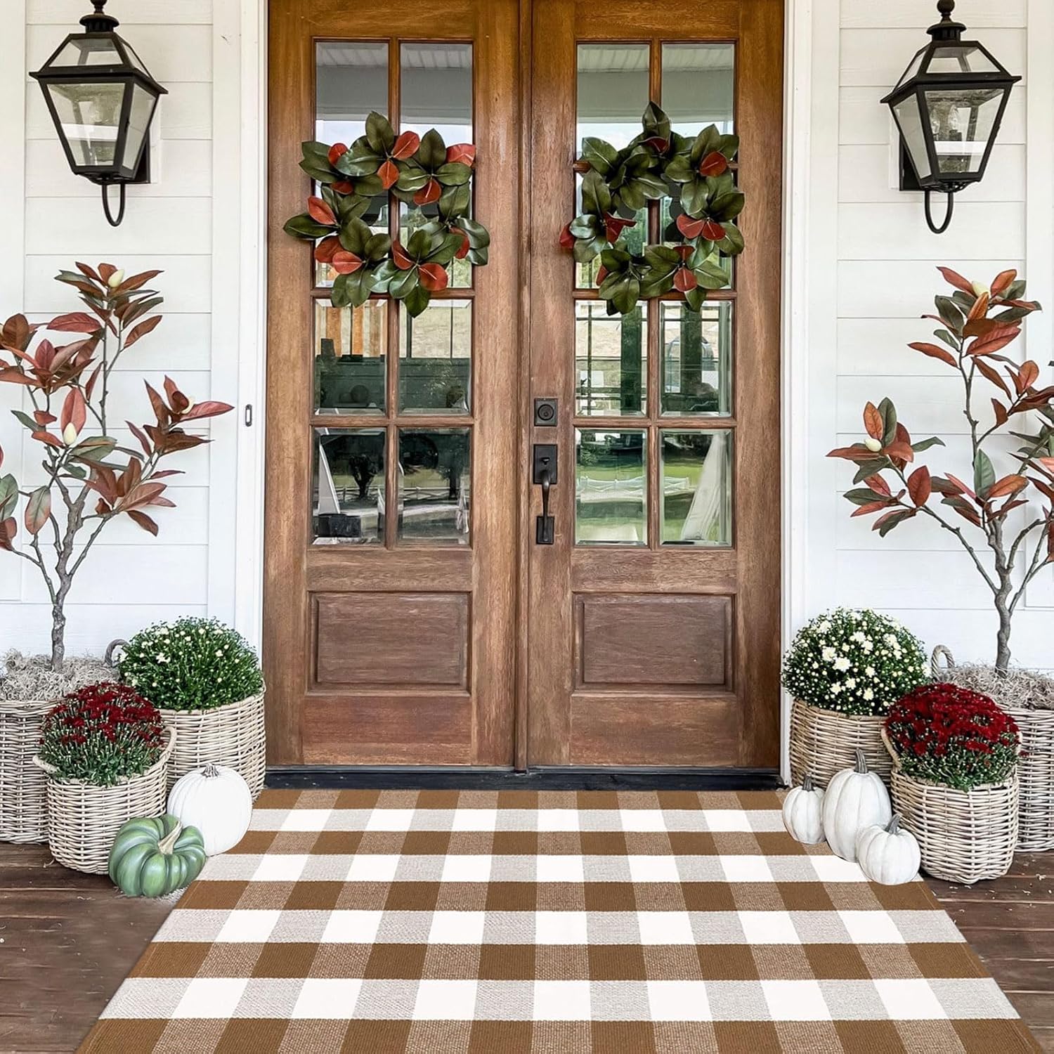 CAINANEL Fall Ourdoor Rug Farmhouse Brown and White Buffalo Check Rug Layered Welcome Door Mat for Front Porch Decor, Front Door, Farmhouse Decor(35.4''x59'', Coffee and White)