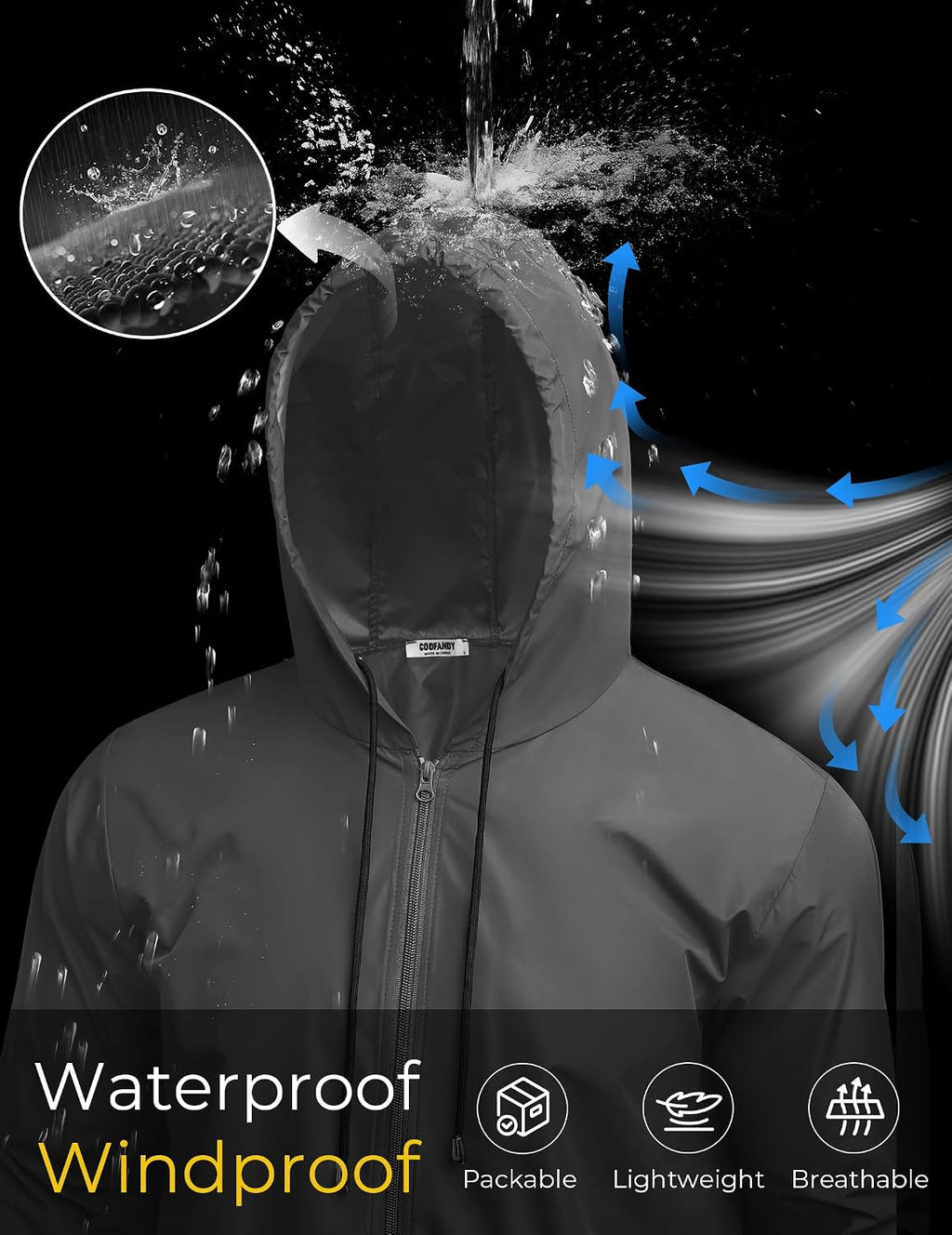 COOFANDY Mens Packable Rain Jacket Lightweight Waterproof Raincoat with Hood Outdoor Rain Gear Travel Hiking Cycling