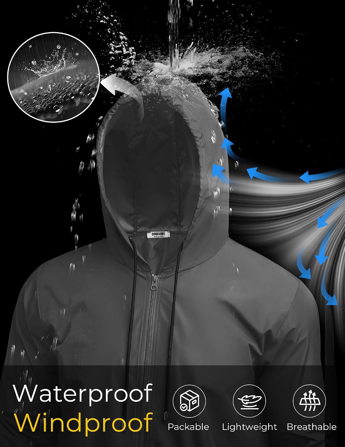 COOFANDY Mens Packable Rain Jacket Lightweight Waterproof Raincoat with Hood Outdoor Rain Gear Travel Hiking Cycling