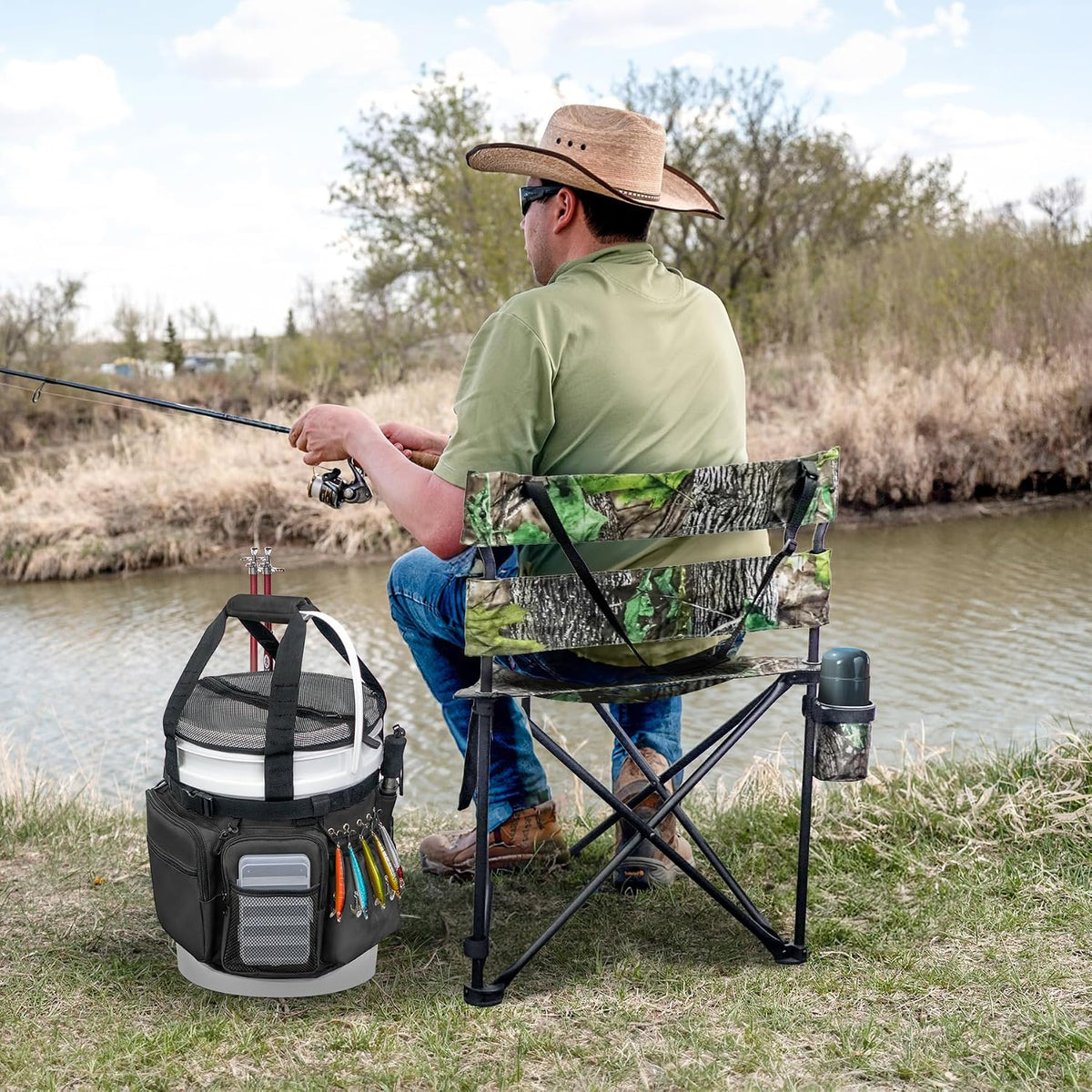Fishing Bucket Organizer with Bucket Cover Fishing Tackle Bag with Rod & Plier Holder, Multi-Pockets for 5 Gallon Bucket Fishing Gear & Accessories Father Gifts