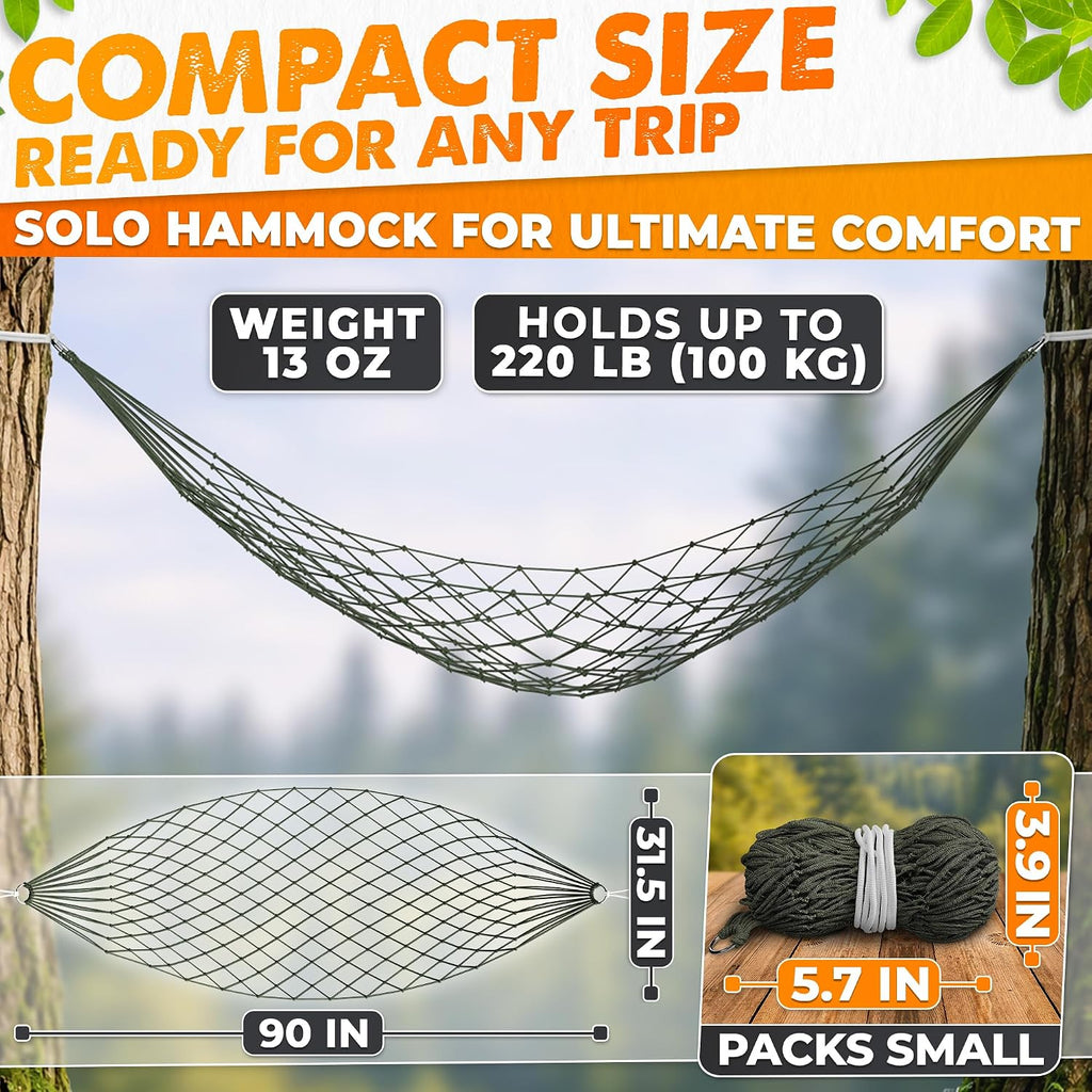 Mesh Hammock, Net Hammock for Outside Camping, 220 lb, Dark Green