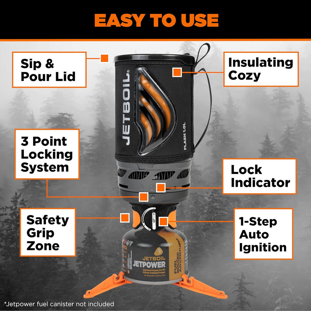 Jetboil Flash 1.0L Portable Fast Boil Stove for Camping and Backpacking with 1-Step Auto Ignition, Propane/Isobutane Burner with Cooking Cup, Carbon