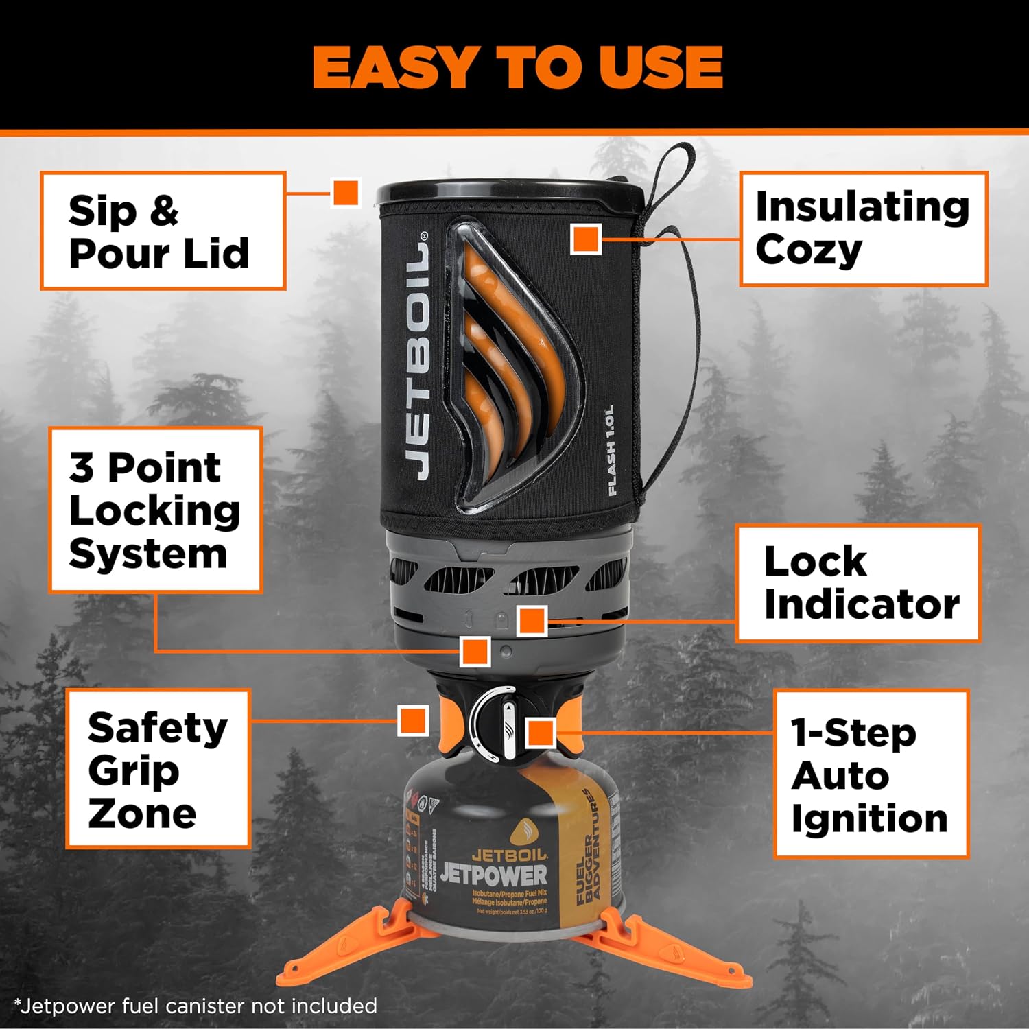 Jetboil Flash 1.0L Portable Fast Boil Stove for Camping and Backpacking with 1-Step Auto Ignition, Propane/Isobutane Burner with Cooking Cup, Carbon