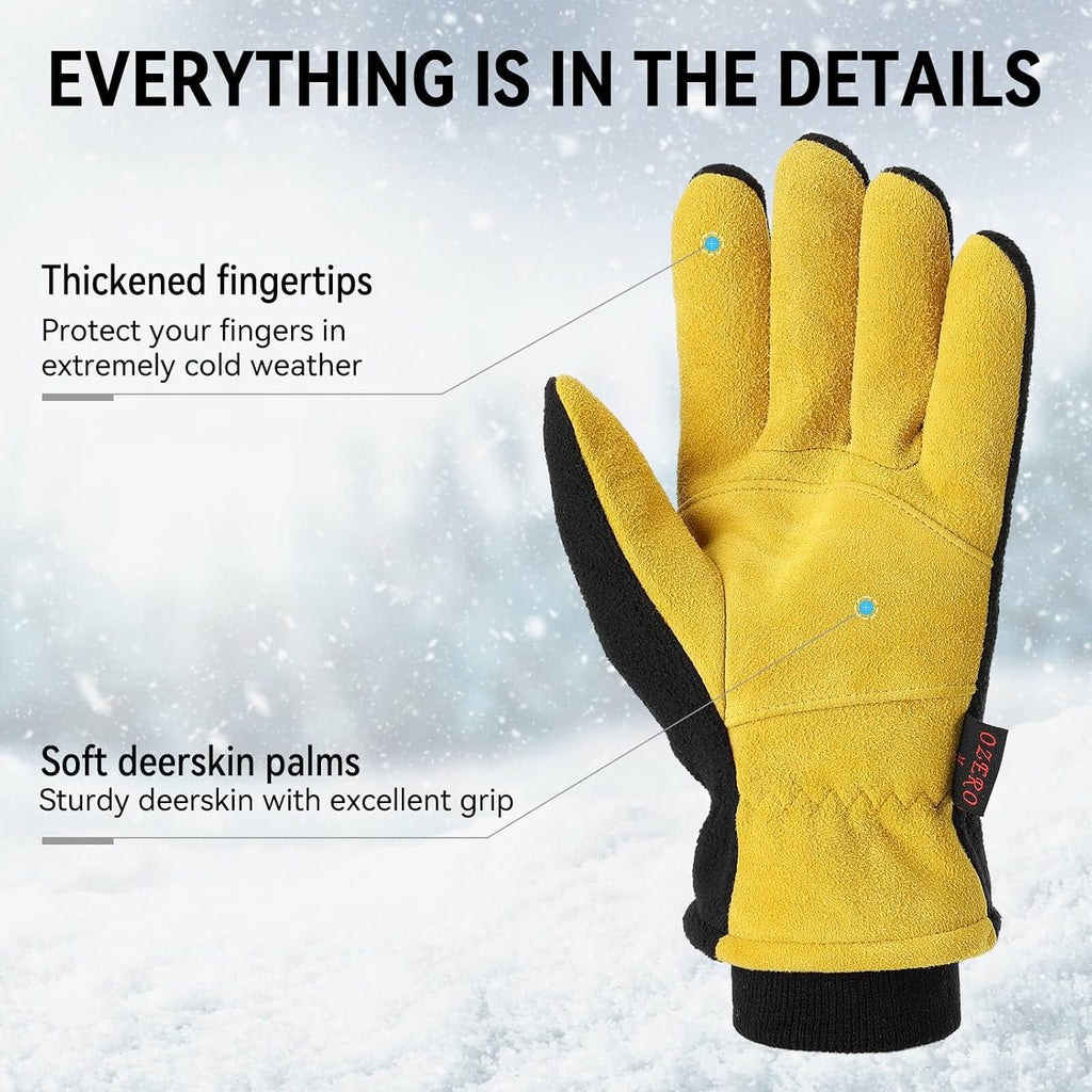 OZERO Mens Winter Gloves,Warm Deerskin Leather Fleece Fabric