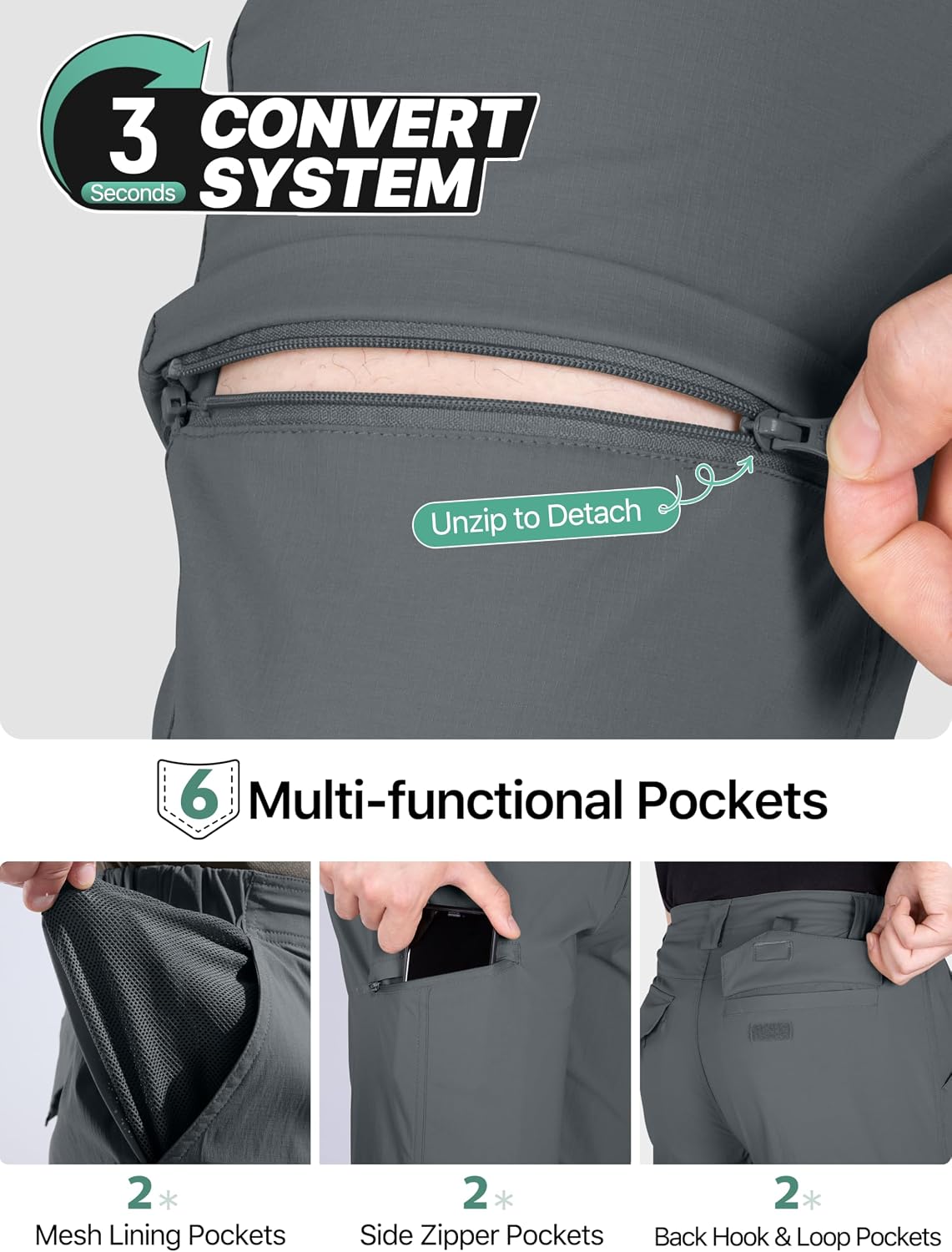 FREE SOLDIER Men's Convertible Hiking Pants Outdoor Lightweight