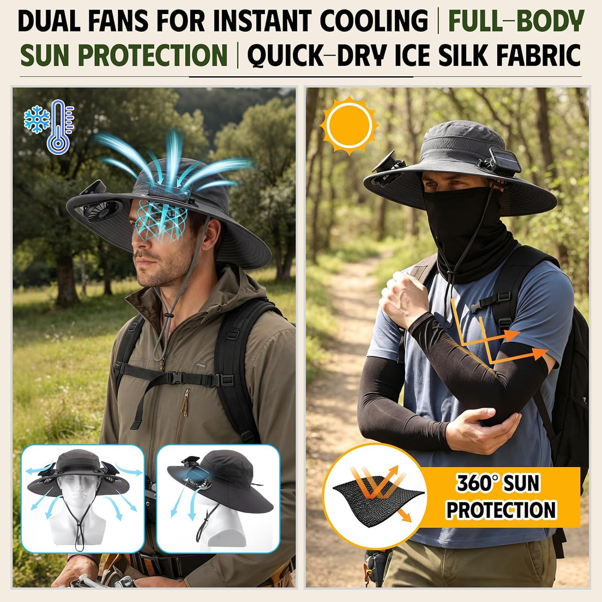 Syhood Solar Powered Fan Hat Neck Gaiter Arm Sleeves Sun Bucket Hat with Fan Cooling Wide Brim Hats for Fishing Hiking