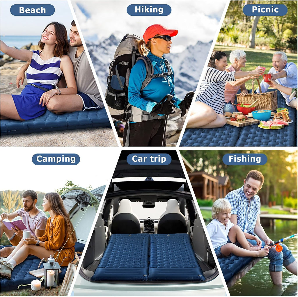 Toncoke Sleeping Pad, 4.7" Extra-Thick & Ultralight Inflatable Camping Mat with Pillow, Built-in Foot Pump, Compact for Backpacking, Camping, Hiking, Travel — Navy Blue