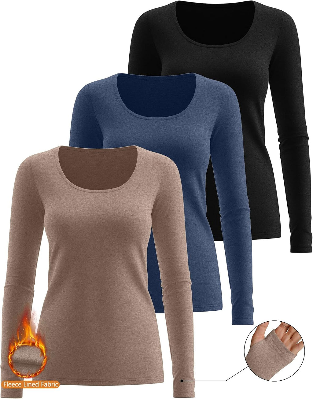 Riyiper 3 Pack Women's Thermal Long Sleeve Shirts Scoop Neck Top