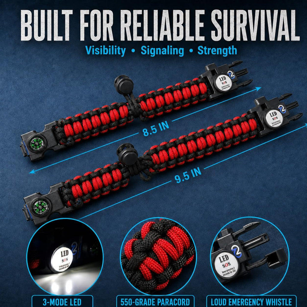 Nexfinity One Paracord Bracelet Set of 2-6-in-1 Survival Gear with SOS LED Light, Fire Starter, Compass, Loud Whistle & Multitools - Adjustable 550 Grade - Gift for Men, Camping, Hiking