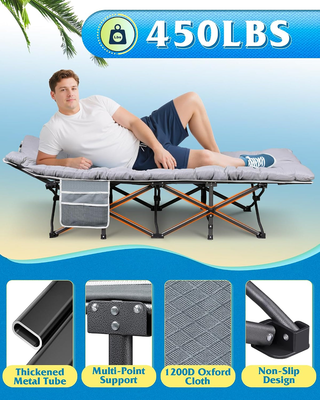 WLIVE 1200D Oxford Camping Cot with Washable Mattress for Adults, Greige