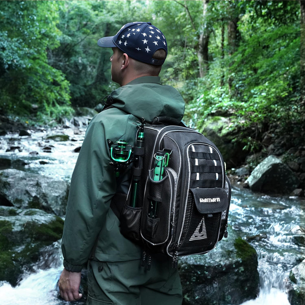 Ghosthorn 43L Fishing Tackle Backpack with 4 Tackle Boxes & Rod Holder