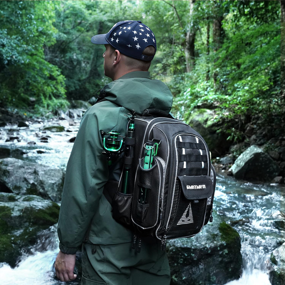 Ghosthorn 43L Fishing Tackle Backpack with 4 Tackle Boxes & Rod Holder