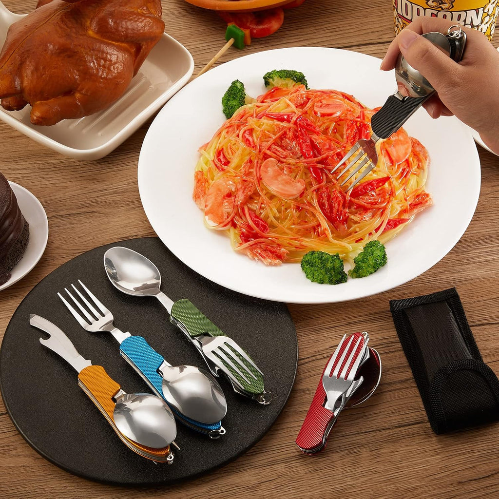 4-in-1 Camping Utensil Set, Steel Fork Spoon Knife, 5 Pcs