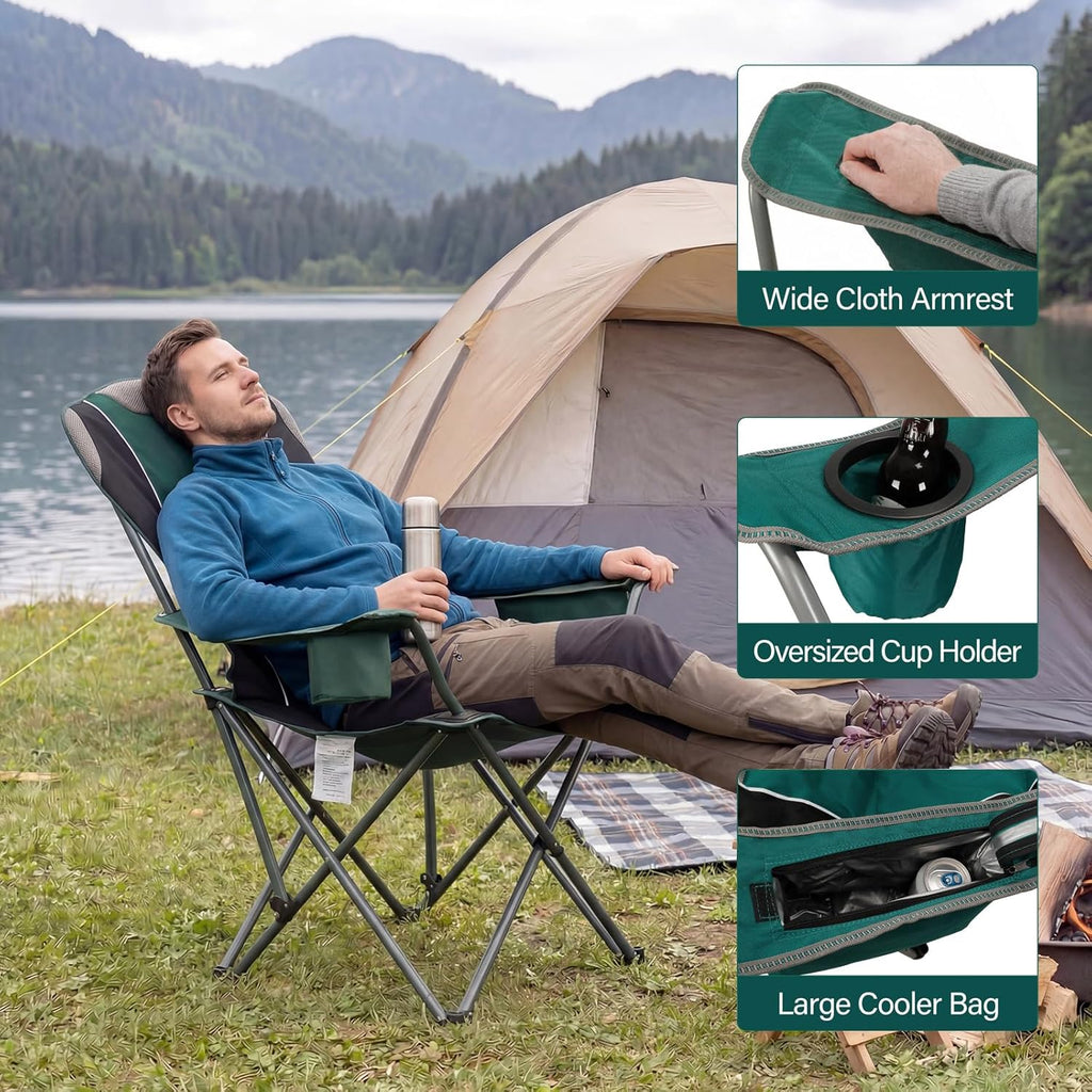 2 Pack Camping Chairs for Adults - Oversized Folding Lawn Chair with Angled Backrest,Heavy Duty 400lbs,Padded Camp Chairs with Cup Holder Side Pocket Cooler Bag for Outdoor,Sports,Beach,Fishing,Green