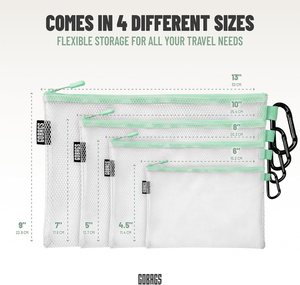 GOBAGS Air Production Multi‑Size Clear Zipper Pouch (4‑Pack) – Cable Organizer & Travel Gear Bag for Electronics, Camera Accessories, Tool Pouch & Small Tech Storage (Mint Green)
