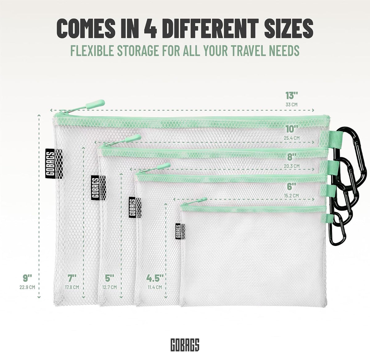GOBAGS Air Production Multi‑Size Clear Zipper Pouch (4‑Pack) – Cable Organizer & Travel Gear Bag for Electronics, Camera Accessories, Tool Pouch & Small Tech Storage (Mint Green)