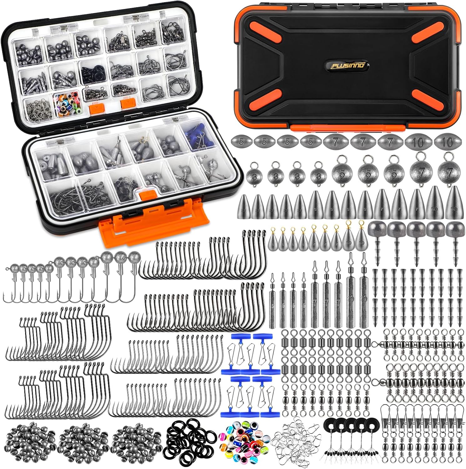 PLUSINNO 264pcs Fishing Accessories Kit, Organized Tackle Box with Tackle Included, Fishing Weights Sinkers, Jig Hooks, Swivels, Beads Combined into 10 Rigs, Fishing Gear Set for Bass Trout