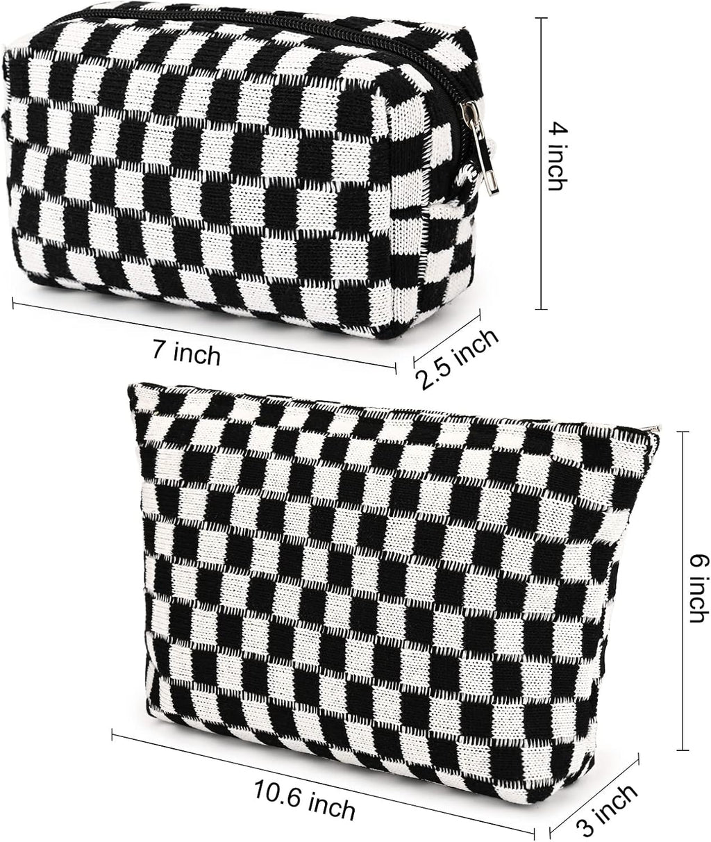 SOIDRAM 2 Pieces Black Makeup Bag Large Checkered Cosmetic Bag Capacity Canvas Mix Travel Toiletry Bag Organizer Cute Makeup Brushes Aesthetic Accessories Storage Bag for Women, Checkered Mix Black