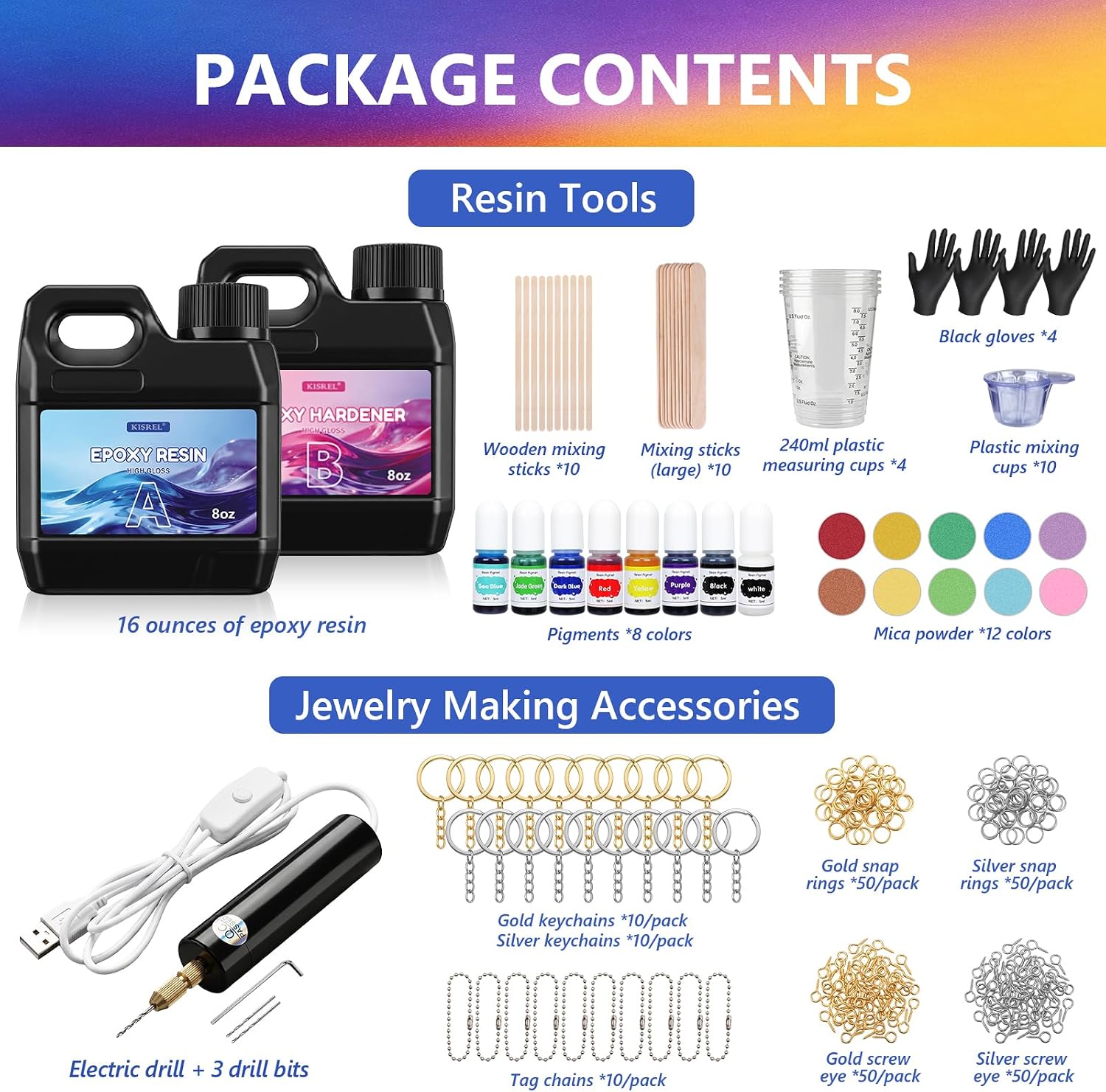 KISREL Epoxy Resin Kit 16OZ with 3D Molds, Electric Drill, Color Dyes Tools